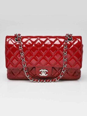 Chanel Red Quilted Patent Leather Classic Medium Double Flap Bag